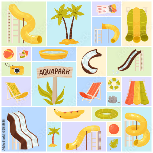 Aquapark set vector illustration. Cartoon water slides, plastic tubes and pipe tunnels, swimming equipment for amusement park and pool party, waterpark attractions in geometric collage background