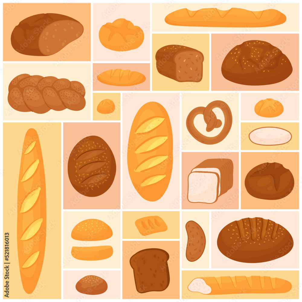 Bakery menu, food products set vector illustration. Cartoon bread and baguette from wheat and rye flour, fresh bun and bagel, slices and whole bread with crust in geometric collage background
