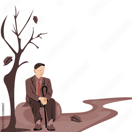Alone old man is sitting stone with his staff under a dying tree on lonely path.The concept of support and care for older people under the concept of abandoned,lonely. Vector illustration flat design.