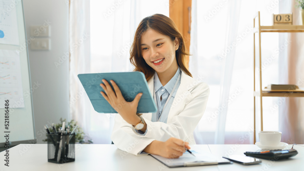 Successful business concept, Businesswoman read financial report on tablet to checking on document Successful business concept, Businesswoman read financial report on tablet to checking on document