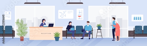 Hospital lobby with receptionist at reception counter and patients in medical masks vector illustration. Cartoon people wait first aid, doctors appointment or information in office background