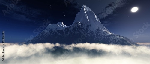 Snowy peak against the background of the sky in the clouds mountain in the clouds, 3d rendering © ustas