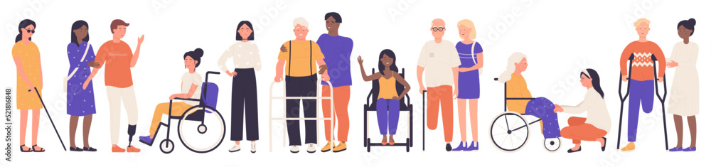 Diverse multiethnic group of old and young people with disabilities set vector illustration. Cartoon happy characters sitting in wheelchair, standing on prosthesis or crutches isolated on white Diverse multiethnic group of old and young people with disabilities set vector illustration. Cartoon happy characters sitting in wheelchair, standing on prosthesis or crutches isolated on white