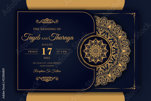 Luxury Mandala Wedding Invitation Card template with golden arabesque pattern Arabic Islamic east background style. Editable vector file. Decorative mandala for print, poster, cover, flyer, banner