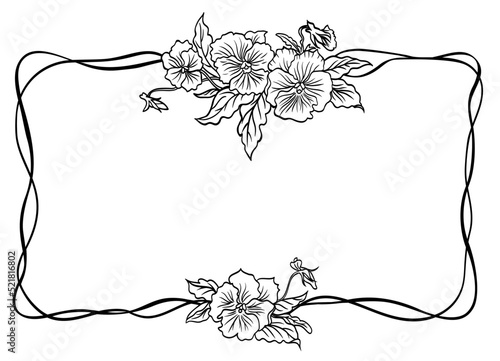 Art Nouveau pansy frame, black and white graphics, suitable for invitations, greeting cards, etc., horizontal orientation