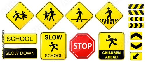 Set of school signs zone vector. Pedestrian. Road and Traffic signs.
