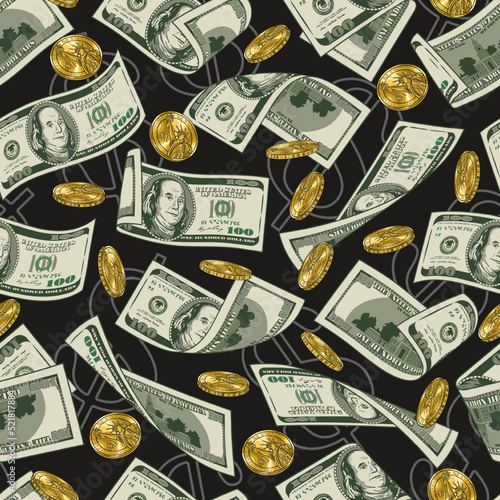 Money seamless pattern with one hundred US dollar bills, gold coins on a black background. Falling, folded, twisted, flying dollar banknotes. Detailed vector illustration.