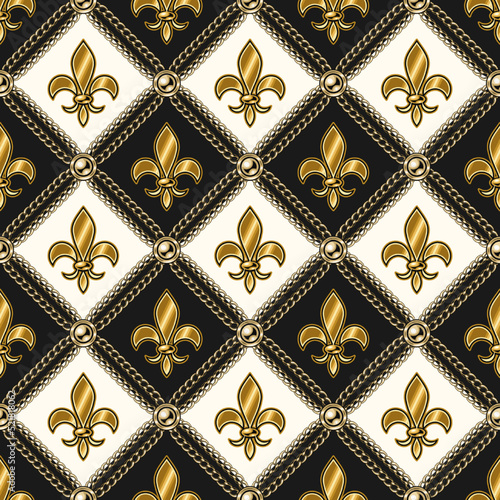 Staggered vintage black and white pattern with gold heraldic lily flowers, gold chains, buttons. Classic square grid. Vector fleur de lis seamless background