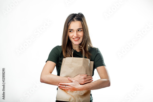 Young pretty lady with shopping bags. Attractive lifestyle isolated model.