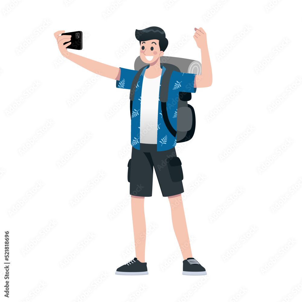 Young happy man tourist flat cartoon character. Traveling male people on summer vacation trip, Isolated on white background.