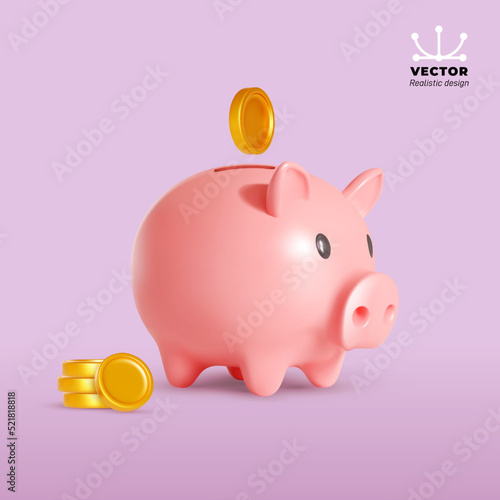 Pig piggy bank and gold coins. Money creative business concept. Realistic vector 3d design. Financial services. Safe finance investment. Website Landing. Stability, security of money storage. photo