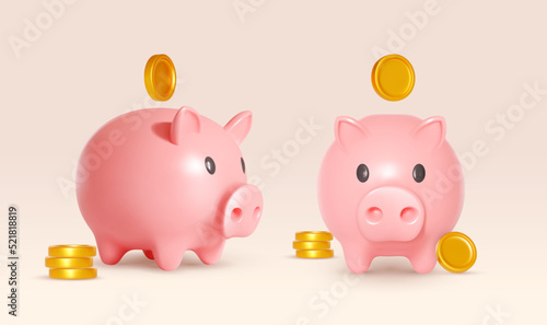 Set of piggy bank and gold coins. Design concept of safe accumulation of capital or financial investment. Vector realistic. Gold coin fly around the piggy bank. Stability, security of money storage.