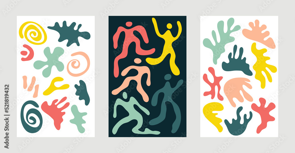 Set of abstract illustrations in the style of Matisse, exotic summer doodles, corals, dancing people, flowers. Modern, geometric and organic shapes to create logos, patterns, posters, covers, postcard