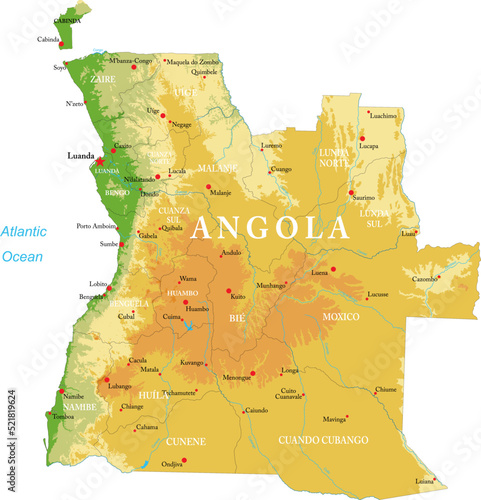Angola highly detailed physical map photo