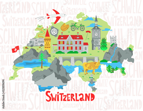 Stylized map of Switzerland. Illustration of Swiss landmarks, nature and symbols. Vector flat illustration