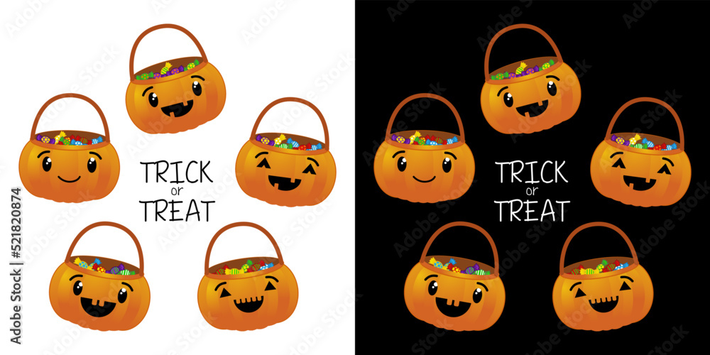 Halloween pumpkin candy container and basket flat icon on white and black background vector Halloween pumpkin candy container and basket flat icon on white and black background vector