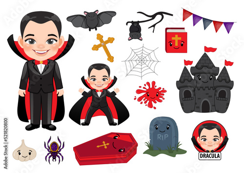 Dracula character illustration with cute element flat icon set isolated on white background vector