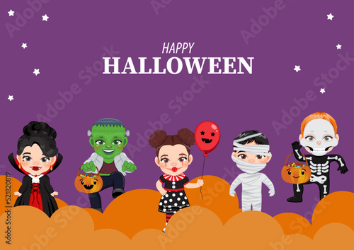 Halloween party banner or background with happy kids in Halloween costumes vector