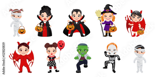 Halloween party invitation template card with kids in Halloween costumes on white background vector