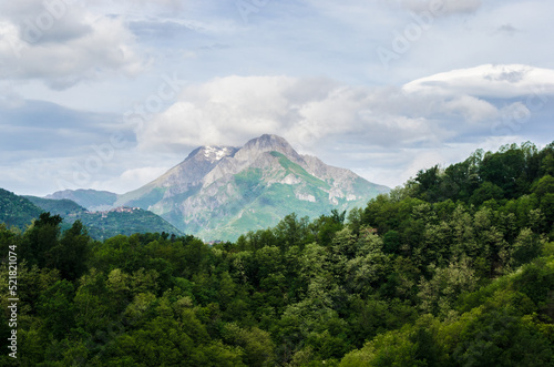 La Pania secca, cima delle alpi apuane, vista dalla Via del Volto Santo, cammino che parte da Pontremoli e arriva a Lucca photo