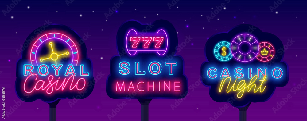 Casino neon signboardss collection. Glowing street billboards set. Royal casino. Vector stock illustration Casino neon signboardss collection. Glowing street billboards set. Royal casino. Vector stock illustration
