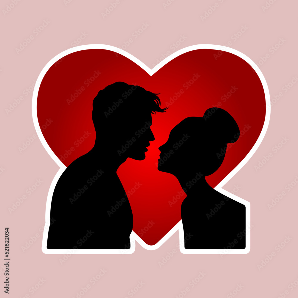 Silhouette of a loving couple on the backdrop of red heart as sticker, print or pattern for design applications, websites, social network, logo, clothes or accessories. Romantic vector picture