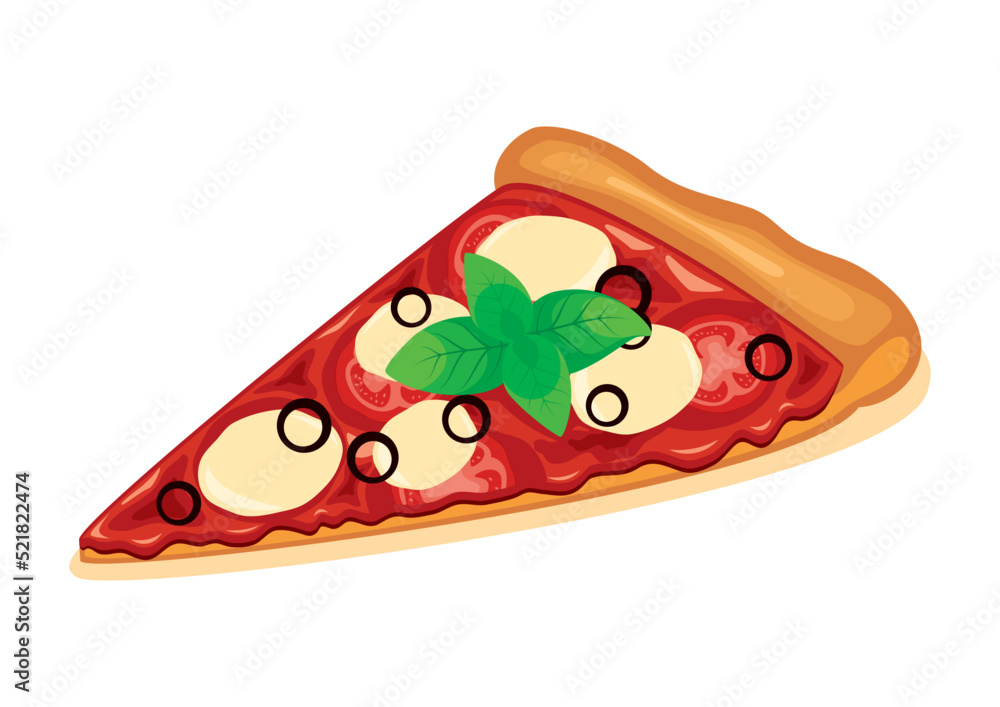 One slice of vegetarian pizza margherita icon vector. Slice of pizza with tomatoes, mozzarella cheese and basil icon vector isolated on a white background One slice of vegetarian pizza margherita icon vector. Slice of pizza with tomatoes, mozzarella cheese and basil icon vector isolated on a white background
