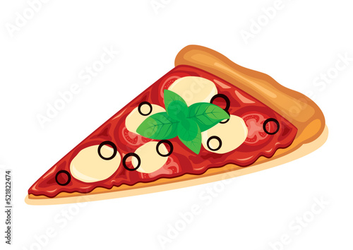 One slice of vegetarian pizza margherita icon vector. Slice of pizza with tomatoes, mozzarella cheese and basil icon vector isolated on a white background