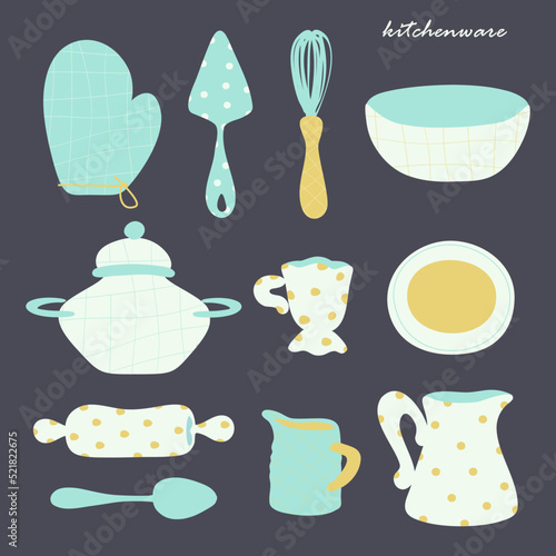 Kitchenware vector. Casserole, rolling pin, whisk, cup, milk jar, spoon. Village style. Old fashioned cook book design.