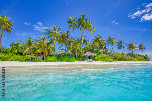 Summer travel background. Exotic tropical beach island, paradise coast. Palm trees white sand, amazing sky ocean lagoon. Fantastic beautiful nature panorama, sunny day idyllic inspirational vacation
