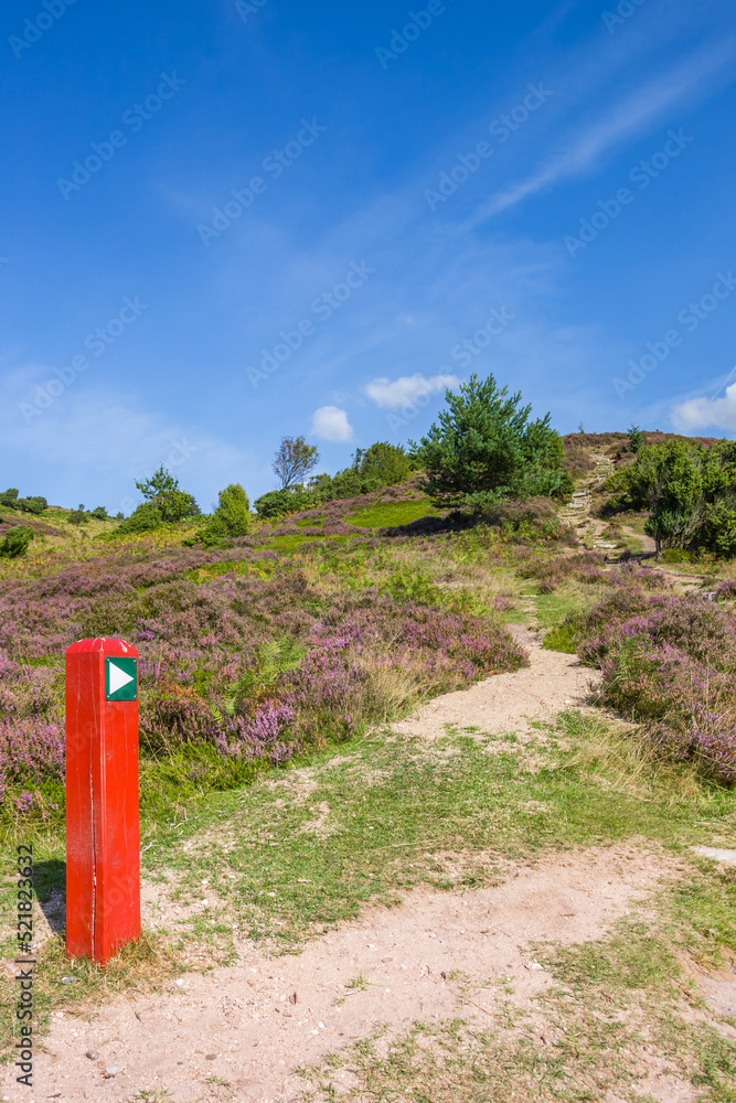 Red signpost pointing to the top of Sonderland mountain in Rebild Bakker National Park Red signpost pointing to the top of Sonderland mountain in Rebild Bakker National Park