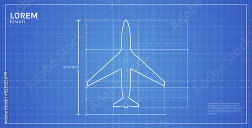 Aviation industrial dimensioned drawing blueprint and outline airpline top side view technical drawing flat vector illustration.
