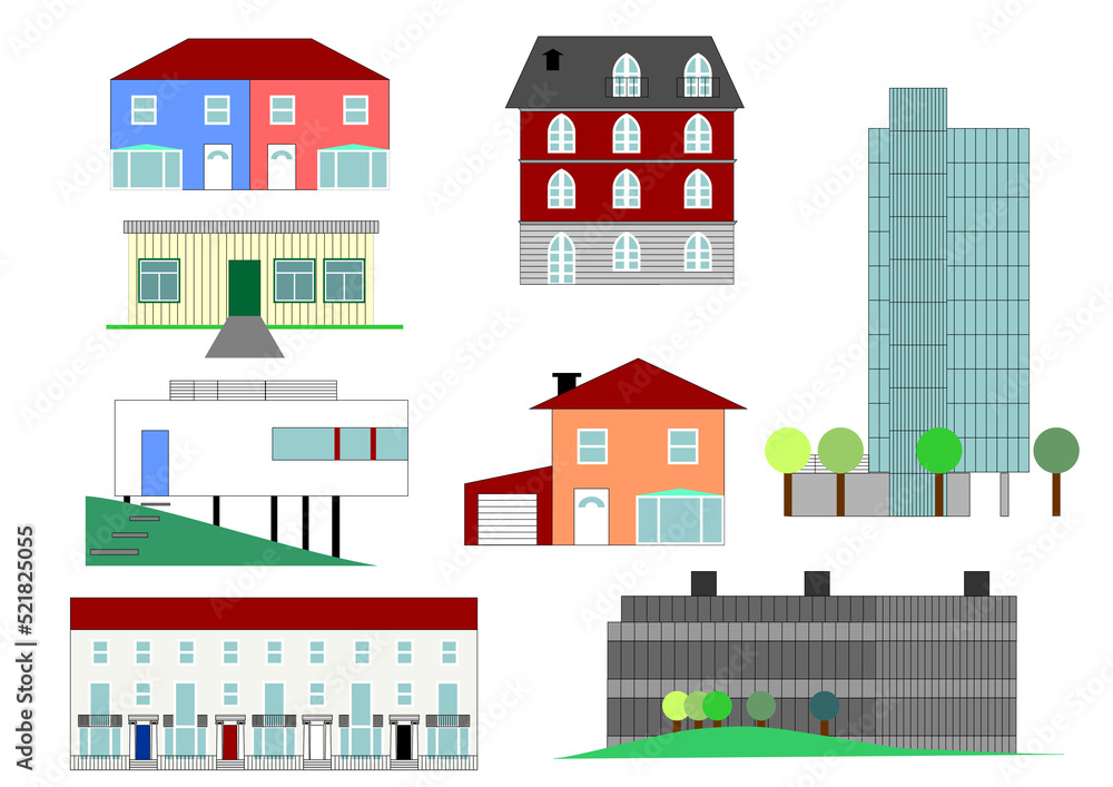 Houses in many architectural styles