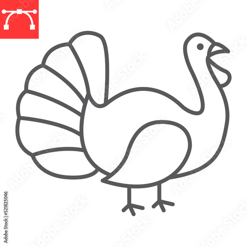 Turkey bird line icon, thanksgiving and farm, turkey vector icon, vector graphics, editable stroke outline sign, eps 10.