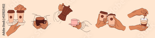 Female hands holding cups or mugs with coffee. Side view. Set of hand drawn colored trendy vector illustrations.