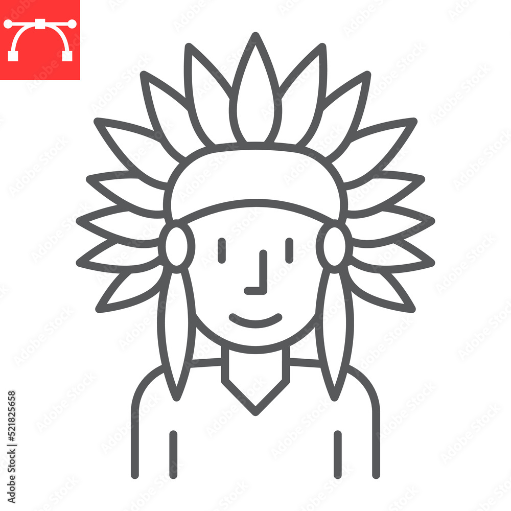 Native American line icon, indian man and headdress, Native American vector icon, vector graphics, editable stroke outline sign, eps 10. Native American line icon, indian man and headdress, Native American vector icon, vector graphics, editable stroke outline sign, eps 10.