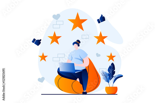 Feedback page concept with people scene in flat cartoon design. Woman leaving likes and stars with reviews with her experience. Customer satisfaction ranking. Illustration visual story for web