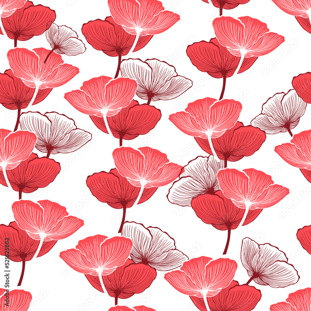 Obraz premium Seamless pattern poppies red on a white background.. Vector illustration
