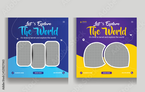 Traveling social media post template, tour advertising business marketing flyer. Summer beach holiday and tour advertising social media banner design. Traveling web banner.