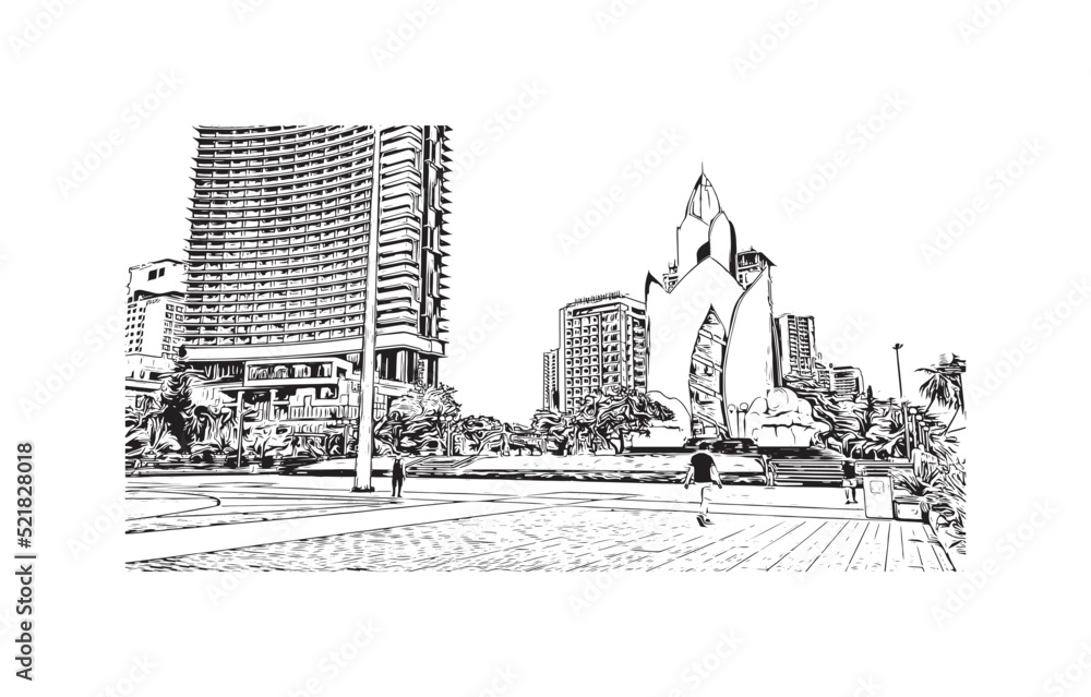 Building view with landmark of Nha Trang is the 
city in Vietnam. Hand drawn sketch illustration in vector.