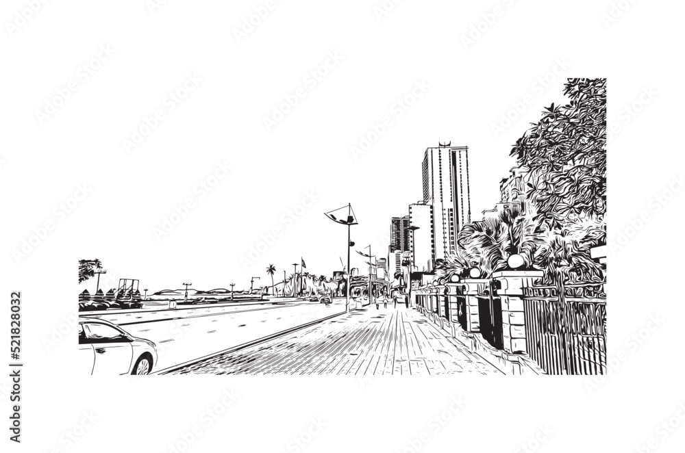 Building view with landmark of Nha Trang is the
city in Vietnam. Hand drawn sketch illustration in vector.