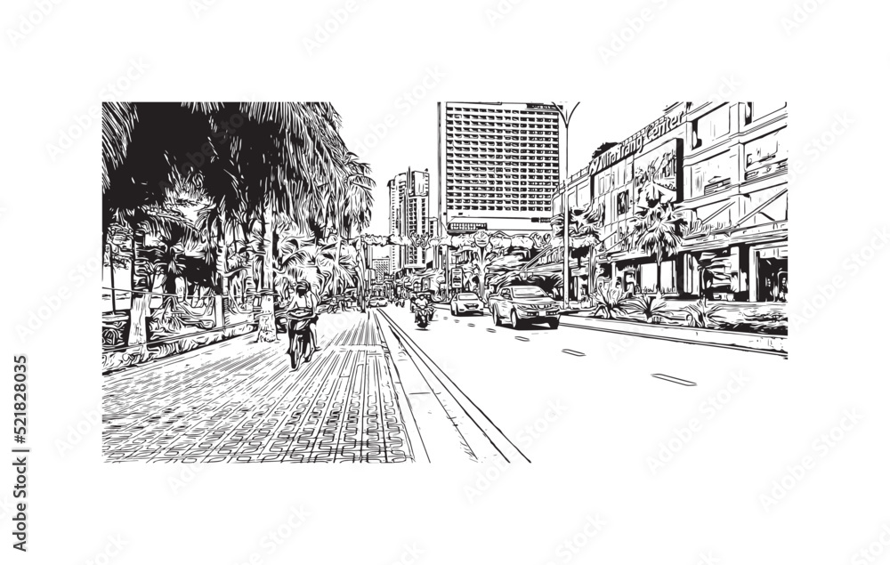 Building view with landmark of Nha Trang is the 
city in Vietnam. Hand drawn sketch illustration in vector.