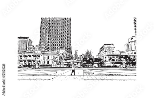 Building view with landmark of Nha Trang is the city in Vietnam. Hand drawn sketch illustration in vector.