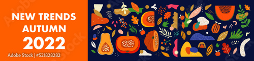 Decorative autumn advertising horizontal banner with pumpkins  colorful doodles and shapes. Autumn banner. New trends autumn 2022