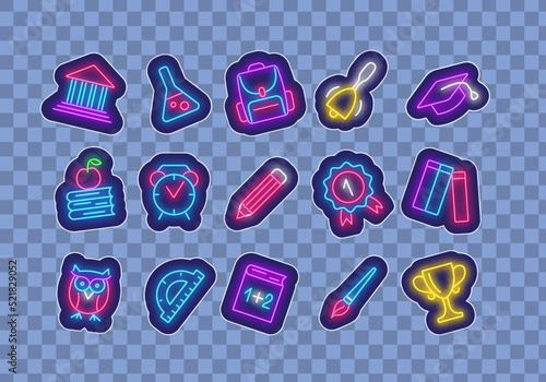 Back to school neon stickers collection. Backpack and alarm clock. Office store. Studiyng concept. Vector illustration