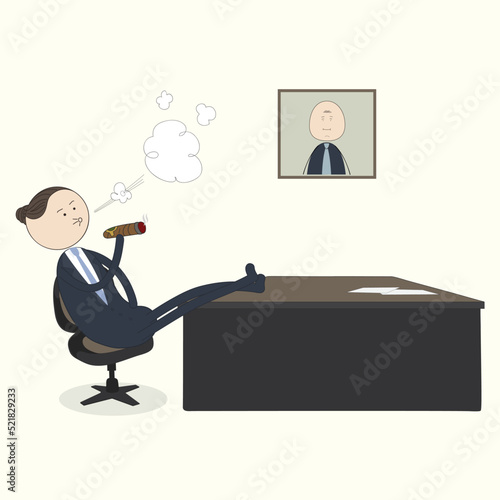 cartoon guy in the director's office sits in a chair and smokes a cigar