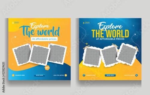 Travel agency social media design template. yellow background of travel promotion web banner with logo. Travel flyer template for travel agency.