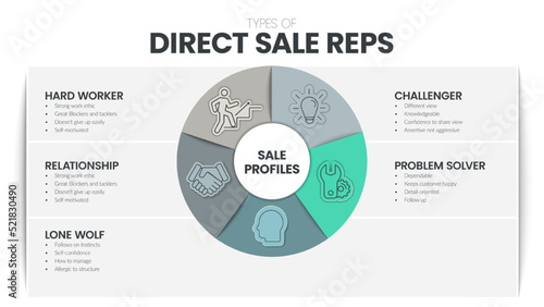 Types of Direct sale REPS analysis infographic template has 5 steps to analyze such as hard worker, relationship, lone wolf, challenger and problem solver. Sale Profile diagram. Business presentation.