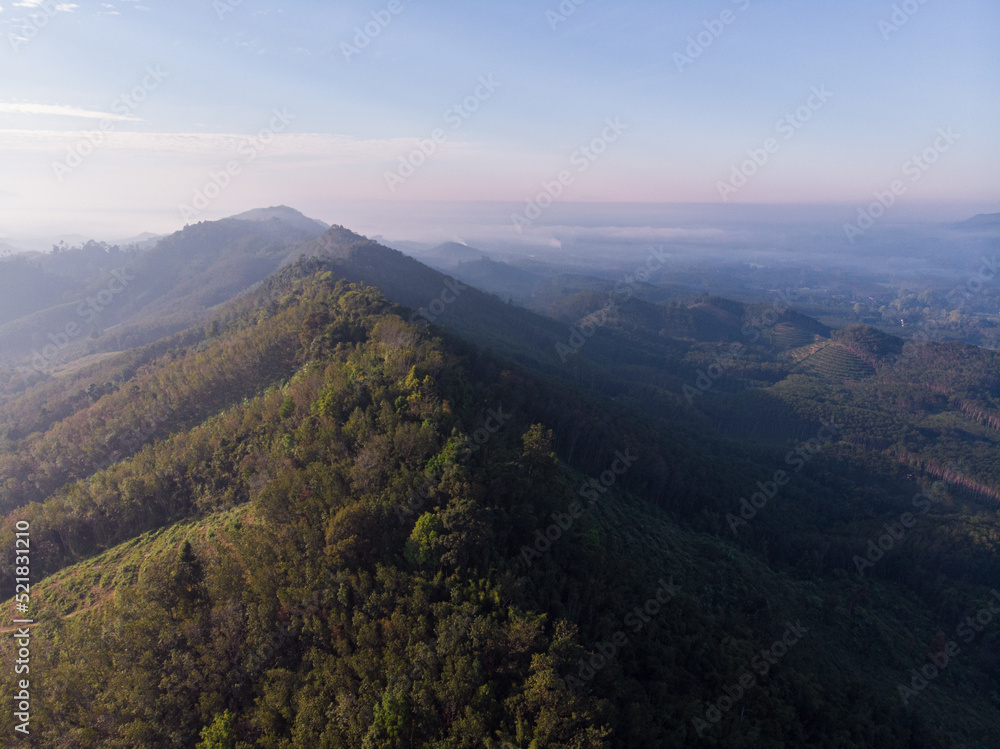 Aerial view mountain sunrise with fog sunrise light morning Aerial view mountain sunrise with fog sunrise light morning
