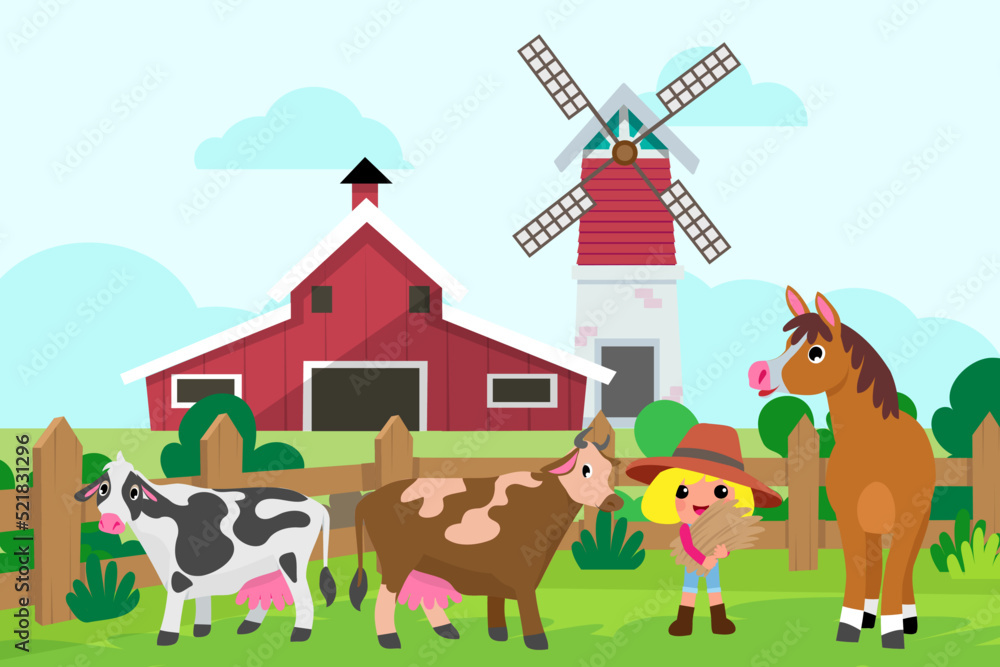 Obraz premium Cute animals in ranch, Farm and agriculture. illustrations of village life and objects Design for banner, layout, annual report, web, flyer, brochure, ad.